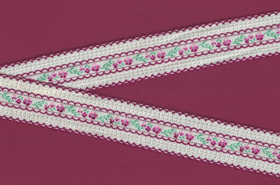 FLORAL H-04-D Jacquard Ribbon Cotton Trim, 1-3/4" Wide (44mm) Ivory w/Burgundy Picot Edge, Variegated Pink Flowers, Green Leaves, Per Yard