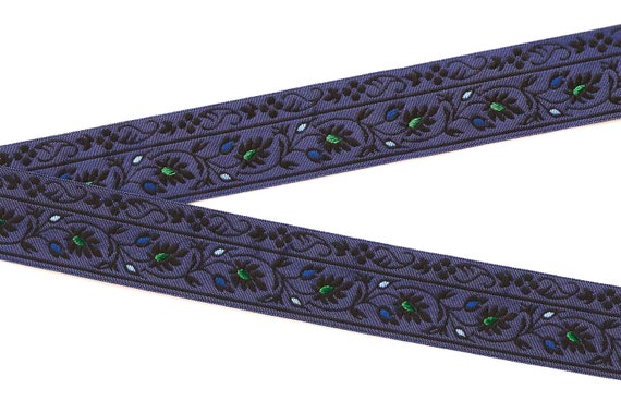 FLORAL G-11-G Jacquard Ribbon Poly Trim 1-3/8" wide (34mm) Made in France Navy w/Black Scrolls/Leaves/Vines, Blue/Lt Blue/Green Accents