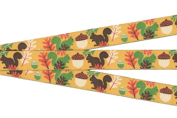 ANIMALS/Wildlife E-03-B Jacquard Ribbon Poly Trim 7/8" wide (22mm) Jessica Jones, Mustard w/Green & Brown Squirrels