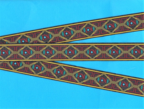 NATIVE AMERICAN E-08 Jacquard Ribbon Poly Trim, 15/16" (25mm) Wide, Black Background, Burgundy, Teal, Turq & Yellow Tribal Pattern, Per Yard