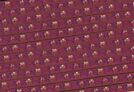 FLORAL A-01-B Jacquard Ribbon Rayon Trim 5/16" wide (8mm) From France, Burgundy w/Variegated Ivory & Peach Flowers Purple Stems
