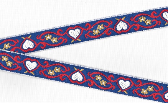 HEARTS/FLOWERS E-10-J Jacquard Ribbon Cotton Trim 15/16" wide (24mm) Nordic, Royal Blue w/Red Hearts, White Flowers, Green Scrolls
