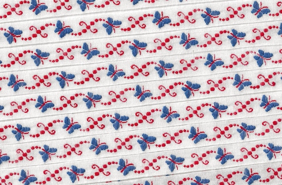 INSECTS B-07-A Jacquard Ribbon Cotton Trim 1/2" wide (13mm) VINTAGE White w/Blue & Red Butterflies