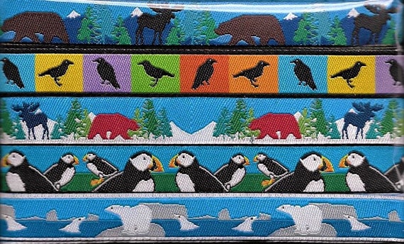 ALASKAN Ribbon Gift Pak #1 Jacquard Ribbon Poly Trim 1/2" (13mm) 1yd each of 5 Original Designs Moose & Bear, Ravens, Puffins, Polar Bears