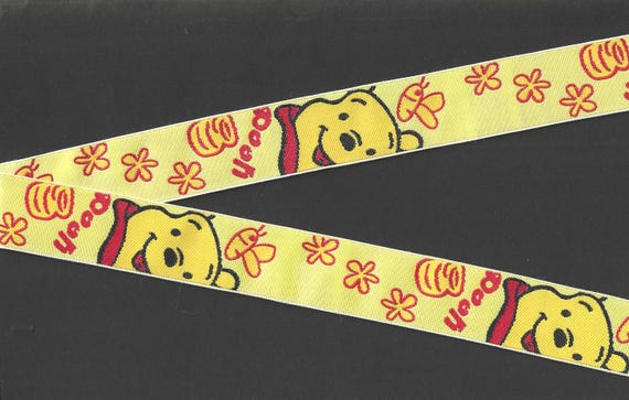 CHILDREN's F-11-A Jacquard Ribbon Poly Trim 1" wide (25mm) VINTAGE Yellow w/Pooh, Honey Pot & Bees
