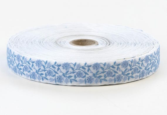 KAFKA D-03/05 Jacquard Ribbon Woven Organic Cotton Trim 3/4" wide (20mm) White Background w/Sky Blue Flowers, Leaves & Vines