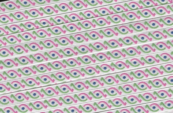 GEOMETRIC A-24-A Jacquard Ribbon Polyester Trim 5/16" wide (8mm) White Background w/Blue Dots and Pink/Green Curves
