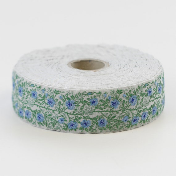 KAFKA F-02/74 Jacquard Ribbon Wove Organic Cotton Trim 1" wide (25mm) Lt Gray Background w/Sky Blue & Navy Wild Roses, 2-Tone Green Leaves