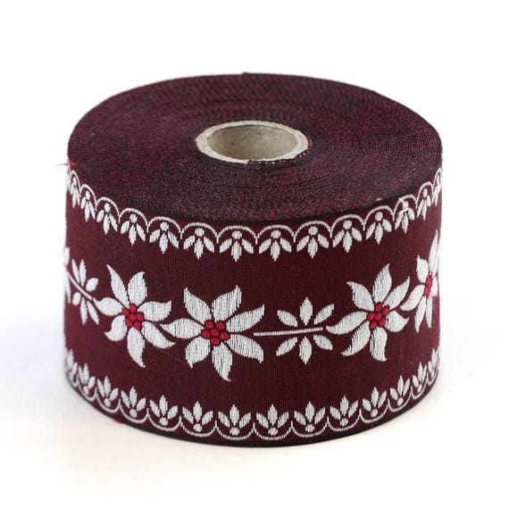 KAFKA K-08/03 Jacquard Ribbon Woven Organic Cotton Trim 2" wide (50mm) Burgundy w/Large White Edelweiss Flowers (Red Center) & White Accents