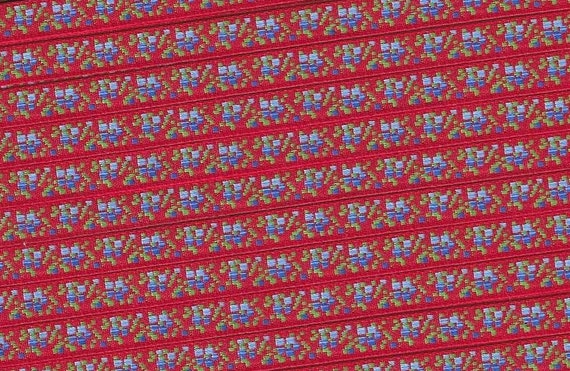 FLORAL A-05-E Jacquard Ribbon Polyester Trim, 5/16" wide, Made in France, Red Background w/Variegated Blue Flowers, Green Leaves, Per Yard