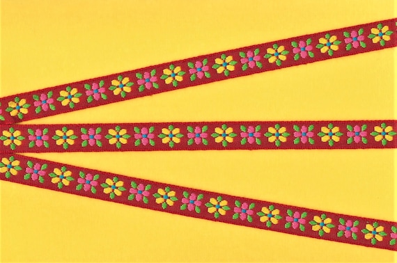 FLORAL C-12-A Jacquard Ribbon Trim, Cotton, 5/8" Wide, Red Background Pink & Yellow Flowers, Turquoise Dot Center, Green Leaves, Per Yard