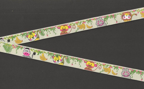 CHILDREN's C-15-G Jacquard Ribbon Poly Trim 5/8" Wide (16mm) From France, Beige w/Lions Zebras Elephants Monkeys and Tigers