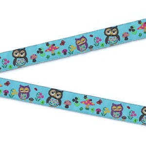 ANIMAIS/Pássaros C-27-A Fita Jacquard de Poliéster com Acabamento de 5/8" de largura (16 mm) Fundo Azul com Corujas Multicoloridas, Cogumelos, Insetos e Flores