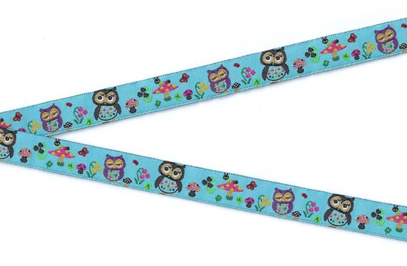 ANIMALS/Birds C-27-A Jacquard Ribbon Polyester Trim 5/8" wide (16mm) Blue Background w/Multi-Colored Owls, Toadstools, insects & Flowers