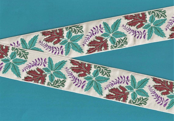 FLORAL TAPESTRY J-01-A Jacquard Ribbon Poly Trim, 1-7/8" Wide (48mm) Lt Gray w/Leaf Design in Teal, Brown & Green w/Purple Branches, REMNANT