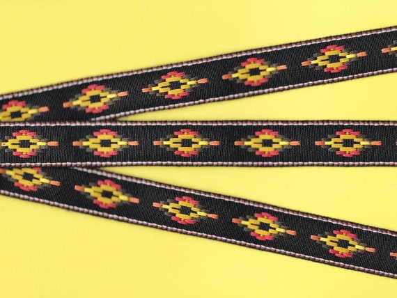NATIVE AMERICAN D-25-C Jacquard Ribbon Poly/Cotton Trim 3/4" wide (20mm) Southwest Design Black w/Red, Yellow, Orange & Brown Diamond Tribal