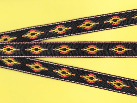 NATIVE AMERICAN D-25-C Jacquard Ribbon Poly/Cotton Trim 3/4" wide (20mm) Southwest Black w/Red/Yellow/Orange/Brown Diamond Tribal