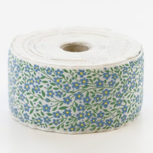 KAFKA K-02/02 Jacquard Ribbon Woven Organic Cotton Trim 2" wide (50mm) Ivory w/Blue & Yellow Forget-Me-Nots, Green Leaves