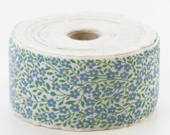 KAFKA K-02/02 Jacquard Ribbon Woven Organic Cotton Trim 2" wide (50mm) Ivory w/Blue & Yellow Forget-Me-Nots, Green Leaves