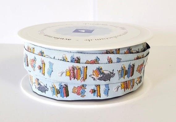 SOPHIA DRESCHER Animals Jacquard Ribbon Woven Trim 5/8" wide (16mm) From Germany "Reading Time" Lt Blue Background w/Critters & Book Stacks