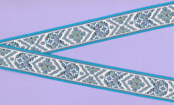 FLORAL TAPESTRY G-09-D Jacquard Ribbon Cotton Trim, 1-1/8" Wide (28mm) Cream w/Blue Borders, Pastel Lilac, Green & Blue