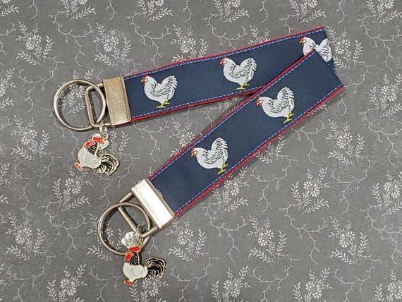 Jacquard Ribbon/Nylon Web 1" wide (25mm) Key Fobs Chickens & Roosters w/Charms, Keychain, Wristlet, Zipper Pulls, Luggage Tags 5.5" long