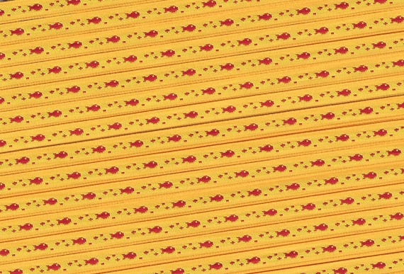 ANIMALS/Water A-01-B Jacquard Ribbon Poly Trim 1/4" wide (6mm) VINTAGE & RARE, Bright Yellow w/Red Fish
