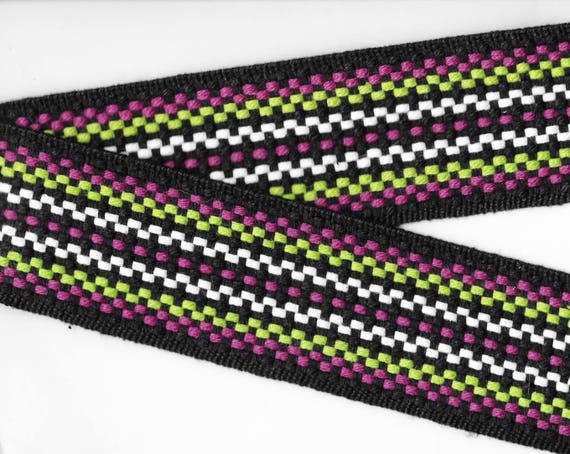 GEOMETRIC L-02-A Jacquard Ribbon Cotton Trim, 2-1/4" Wide (56mm) Black Background with Purple/Green/White Check Pattern