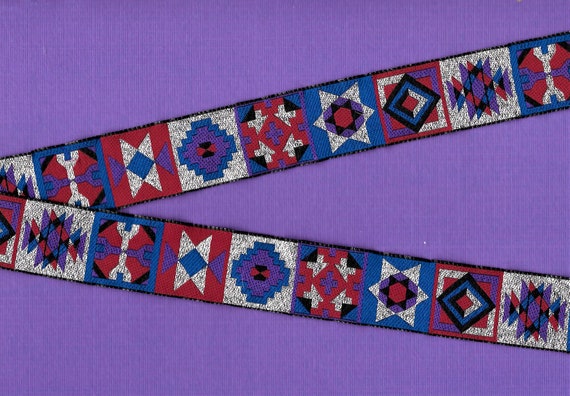 METALLIC F-08-B Jacquard Ribbon Poly Trim 1" wide (25mm) Black w/Burgundy, Purple & Royal Blue Block Design, Metallic Silver Accents