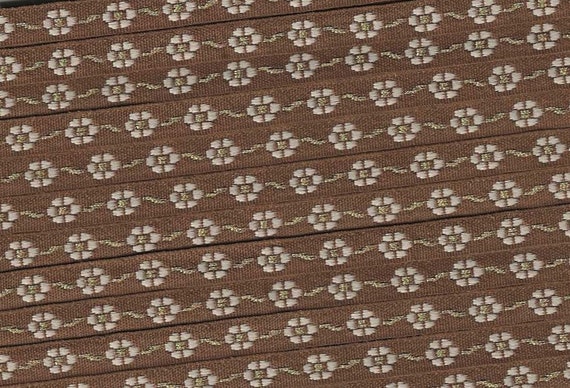 FLORAL A-02-E Jacquard Ribbon Poly Trim, 5/16" wide (9mm) Brown w/Petite Cream Flowers, Gold Metallic Accents