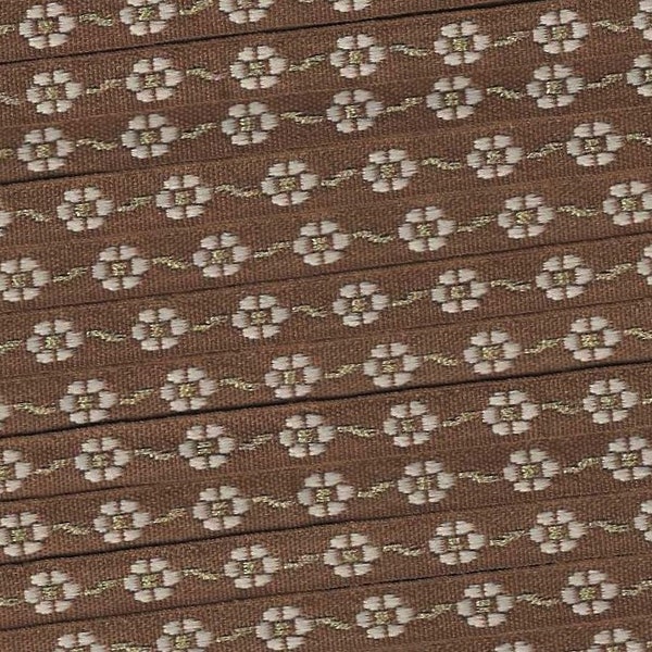 FLORAL A-02-E Jacquard Ribbon Poly Trim, 5/16" wide (9mm) Brown w/Petite Cream Flowers, Gold Metallic Accents