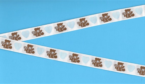 CHILDREN's C-08-B Jacquard Ribbon Polyester Trim, 5/8" Wide (16mm) White Background, Brown Bears w/Baby Blue Hearts & Scarves, 31" REMNANT