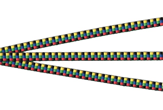 CHECKS A-02-B Jacquard Ribbon Cotton Trim 3/8" wide (9mm) From France, Black, Yellow, Blue, Green & Red