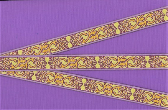 GEOMETRIC D-29-B Jacquard Ribbon Poly Trim 3/4" wide (20mm) Pale Lime Background w/Lilac Borders, Gold Scrolls, Purple Accents
