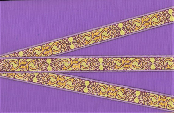 GEOMETRIC D-29-B Jacquard Ribbon Poly Trim 3/4" Wide (20mm) Pale Lime Background w/Lilac Borders, Gold Scrolls, Purple Accents, Per Yard