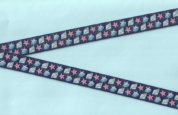NOVELTY/Beach D-10-B Jacquard Ribbon Poly Trim 3/4" wide (20mm) Douglas Paquette Navy Background w/Aqua & Blue Seashells Coral Pink Starfish