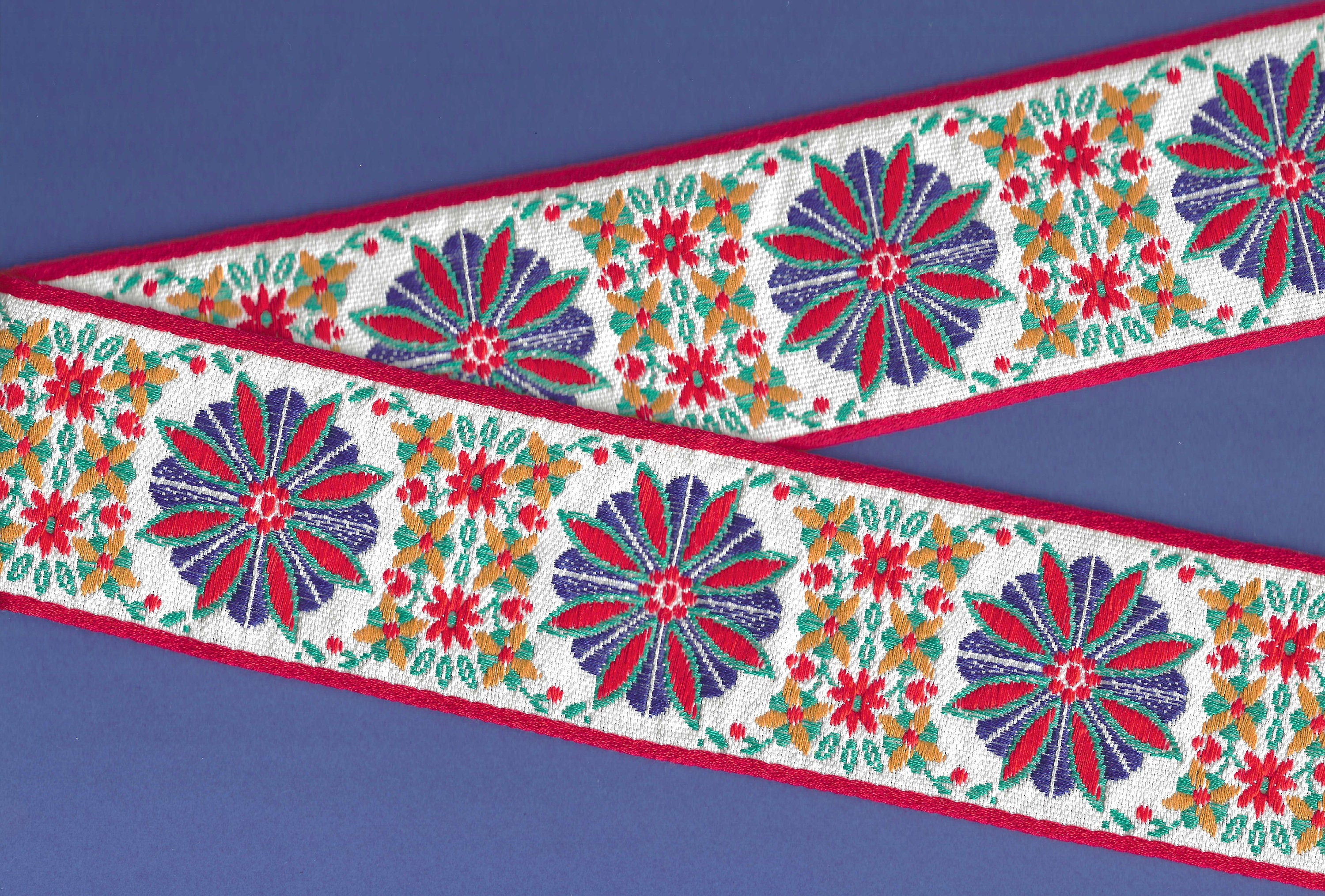 Floral Folk Art Ribbon, Red Blue Thick Embroidered Ribbon, Jacquard Trim,  Costume Trim, 50mm Wide, Choose Between 1 Meter to 10 Meters 