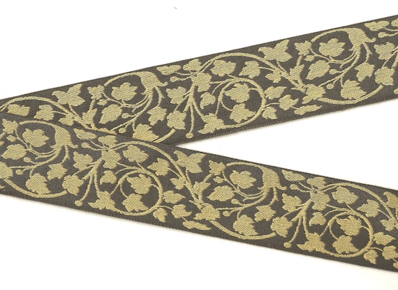 FLORAL L-11-B Jacquard Ribbon Woven Polyester Trim 2-3/16" Wide (54mm) Vintage from 1999, Brown Background w/Beige Vines & Leaves