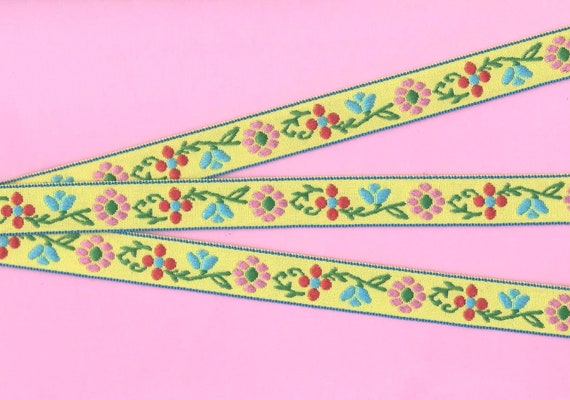 FLORAL C-13-E Jacquard Ribbon Poly Trim 5/8" Wide (16mm) Nordic, Yellow Background w/Red & Pink Flowers, Blue Tulips, Green Leaves