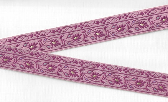 FLORAL G-11-E Jacquard Ribbon Poly Trim 1-3/8" wide (34mm) Made in France, Pink w/Rose Pink Scrolls/Leaves/Vines, Blue/Yellow/Lilac Accents