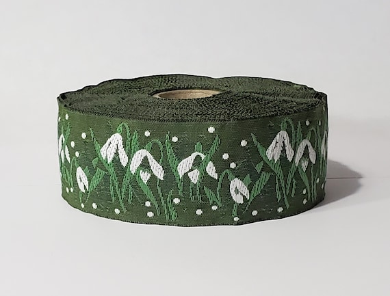 KAFKA G-01/10 Jacquard Ribbon Woven Organic Cotton Trim 1-1/4" wide (32mm) Olive Green Background w/White Snowdrops, Green Leaves