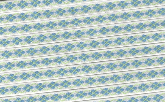 GEOMETRIC A-06-B Jacquard Ribbon Polyester Trim 3/8" wide (9mm) White Background with Blue & Lime Green Argyle Diamond Design REMNANTS