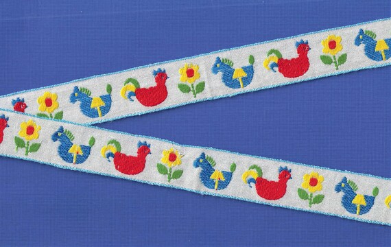 CHILDREN's F-07-A Jacquard Ribbon Cotton Trim, 1" Wide (25mm) VINTAGE, White Linen w/Orange Roosters & Blue Ponies, Yellow Flowers, Per Yard
