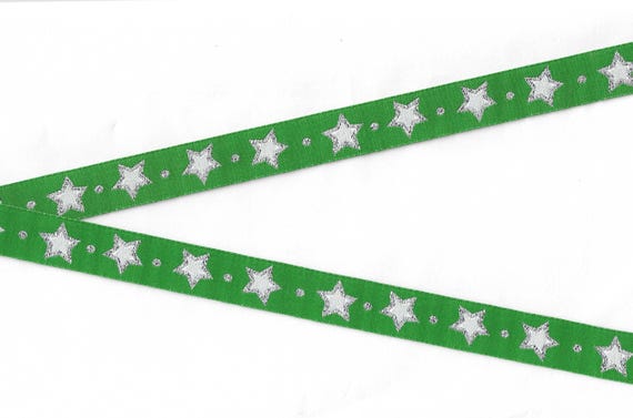 STARS C-10-A Jacquard Ribbon Polyester Trim 5/8" wide (16mm) Green Background, White Stars with Silver Metallic Accents