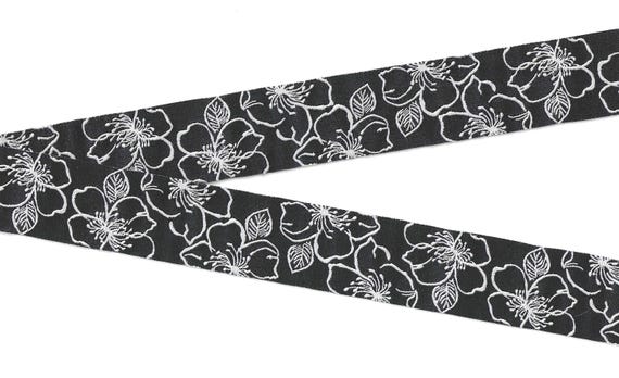 FLORAL G-121-C Jacquard Ribbon Poly Trim 1-1/8" wide (28mm) REVERSIBLE "Black Flora" Black & White