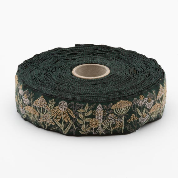 KAFKA F-20/02 Jacquard Ribbon Organic Cotton Trim 1" wide (25mm) NEW! Autumn Wildflowers on Green