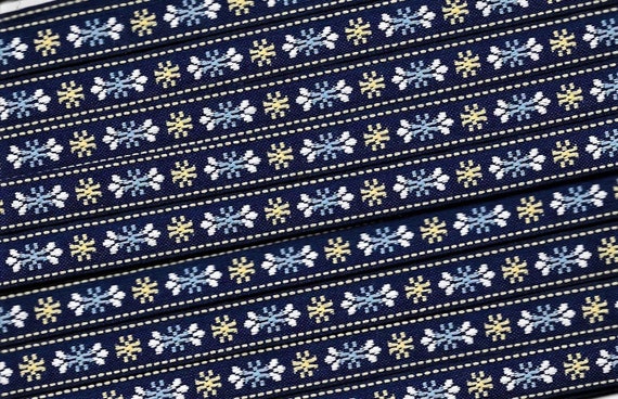 FLORAL A-34-C Jacquard Ribbon Woven Poly Trim 7/16" wide Navy Background w/Sky Blue & Yellow Flowers, White Accents