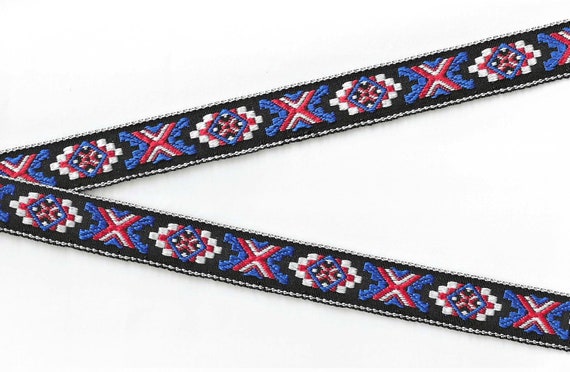 NATIVE AMERICAN E-01-D Jacquard Ribbon Woven Polyester Trim 7/8" wide (22mm) Black w/White Border, Blue & Red "X" Pattern