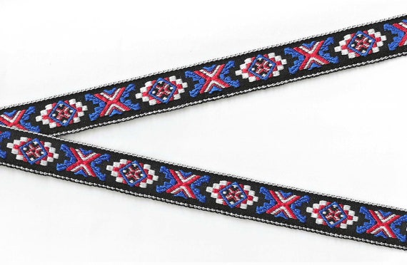 NATIVE AMERICAN E-01-D Jacquard Ribbon Woven Polyester Trim 7/8" wide (22mm) Black w/White Border, Blue & Red "X" Pattern, Per Yard