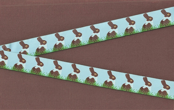 ANIMALS/Farm E-18-B Jacquard Ribbon Poly Trim 7/8" wide (22mm) EASTER Blue Background w/Chocolate Bunny Rabbits, Blue Bows